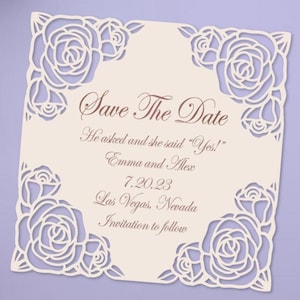 花柄の結婚式招待状 SVG カード、バラの Save the Date カード、結婚式の文房具、RSVP、サンキュー カード テンプレート Cricut Cameo レーザーカット。