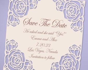 Floral Wedding invitation SVG card, Roses Card Save the Date, Wedding stationery, RSVP, Thank You card template Cricut Cameo Laser cut.