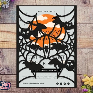 Invitación de boda de Halloween SVG, tarjeta plegable con forma de puerta de telaraña de 5 x 7, invitación a fiesta de telaraña de murciélago de Halloween, plantilla de corte Cricut Cameo cortada con láser.