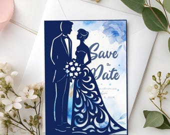 Wedding Invitation SVG, Bride and Groom Fold Card 5x7, Laser Cut Template, Cricut Cameo Files, dxf eps png pdf Studio3 files.