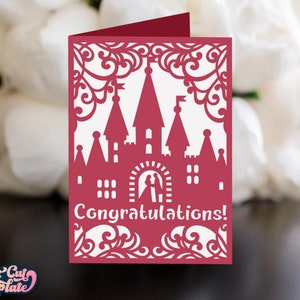 Tarjeta de felicitaciones de aniversario, tarjeta de boda SVG 5x7, tarjeta de novios, tarjeta de boda de castillo de hadas, plantillas cortadas con láser Cricut Cameo.
