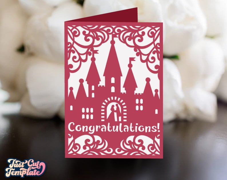 Carte d'anniversaire de félicitations, carte de mariage SVG 5 x 7, carte des jeunes mariés, carte de mariage château des fées, modèles de découpe laser camée Cricut. image 1