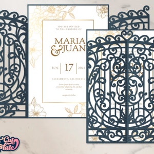 Carte de porte de porte, faire-part de mariage de pli de porte SVG, faire-part de mariage de portes forgées, carte d'invitation coupée, modèle découpé au laser camée Cricut.