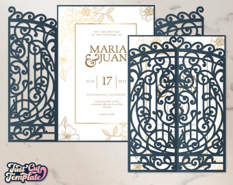 May include: A laser cut wedding invitation with a blue gate design. The invitation reads "You are invited to the wedding of Maria & Juan Jun 17 2022 Sacramento, California"