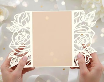 Tarjeta plegable para puerta de boda de 5 x 7, invitación de rosas SVG, decoración de boda con flores de rosas, invitación de quinceañera, plantilla Cricut Cameo cortada con láser, DXF cdr.
