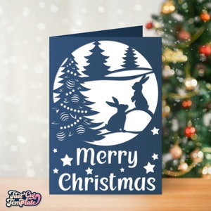 Lapins de Noël dans la carte forestière SVG, Carte pliée Joyeux Noël 5x7, modèle de carte de vœux de Noël Cricut Cameo Laser découpé Papercut.