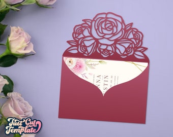 Wedding Invitation SVG, Envelope roses pattern, Wedding pocket Envelope 5x7, Easy template wedding diy, Cricut Cameo Laser cut dxf pdf png.
