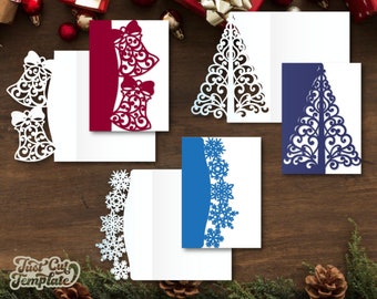 3 Modèles de découpe de cartes pliées de vœux de Noël 5x7 SVG, Laser cut Cricut Cameo ScanNcut (SVG, DXF, Studio3, eps, png), Téléchargement numérique.