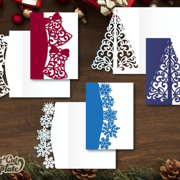 3 Modèles de découpe de cartes pliées de vœux de Noël 5x7 SVG, Laser cut Cricut Cameo ScanNcut (SVG, DXF, Studio3, eps, png), Téléchargement numérique.