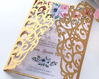 Wedding Invitation SVG 5x7 card, Gate fold card cutting template, Luxury invitation, Lace invitation card svg Cricut Cameo Laser cut Digital