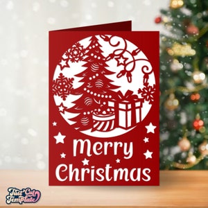 Cartão dobrável SVG de Feliz Natal 5x7, cartão de felicitações de Natal, modelo de cartão de árvore de Natal Cricut Cameo Corte a laser Papercut svg dxf cdr pdf png