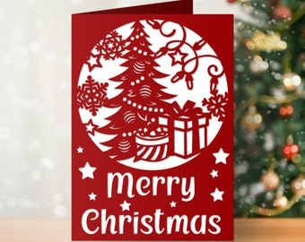 Merry Christmas SVG vouwkaart 5x7, Kerstwenskaart, Kerstboomkaartsjabloon Cricut Cameo Lasergesneden Papercut svg dxf cdr pdf png
