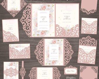 Luxury Wedding Invitation SVG Bundle, 12 Laser Cut Cards and Envelopes, Cricut Silhouette Cameo Templates, DXF pdf eps png cdr Studio3.
