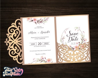 Wedding Trifold Envelope SVG, 5x7 pocket envelope Cricut template, Wedding invitation cover, Lace invitation, Cricut Cameo Laser cut.