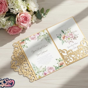 Trifold pocket envelope SVG 5x7, Wedding invitation Cricut template, Quinceanera Invite,  Cricut Cameo Laser cut, dxf cdr Studio3 digital.