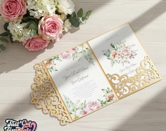 Trifold pocket envelope SVG 5x7, Wedding invitation Cricut template, Quinceanera Invite,  Cricut Cameo Laser cut, dxf cdr Studio3 digital.