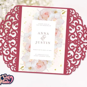 May include: A red laser cut wedding invitation with a floral design. The invitation reads "Please join us for the wedding of Anna & Justin, March 28th 2028, at 6pm, at Lorem Building, Street Address, State."