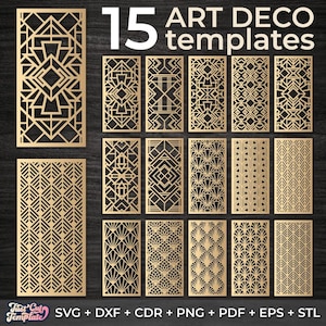 Puede incluir: Quince plantillas Art Déco doradas, con varios diseños geométricos. La imagen incluye el texto "15 ART DECO templates" e información sobre el tipo de archivo.