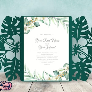 Faire-part de mariage tropical SVG, carte de porte 5 x 7, carte Monstera de feuilles de palmier, modèle d'invitation Hibiscus Cricut cameo découpé au laser numérique.