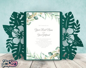 Tropical Wedding Invitation SVG, Gate card 5x7, Palm leaves Monstera card, Hibiscus invitation template Cricut Cameo Laser cut Digital.