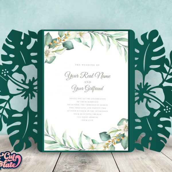 Faire-part de mariage tropical SVG, carte de porte 5 x 7, carte Monstera de feuilles de palmier, modèle d'invitation Hibiscus Cricut cameo découpé au laser numérique.