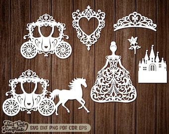 Conjunto de princesas em SVG para Cricut, pacote de aniversário de princesas em SVG, arquivos de corte a laser para carruagem de princesa em papel, boneca de princesa em PNG, conjunto de clipart de princesas.