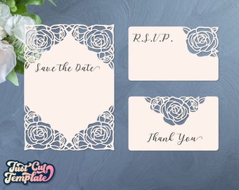 Roses wedding cards, Floral Wedding invitation SVG, wedding stationery, Save the date, RSVP Thank You card templates Cricut Cameo Laser cut.