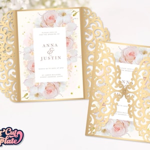 May include: Gold laser cut wedding invitation with a floral design featuring white and pink roses. The invitation reads "Please join us for the wedding of Anna & Justin".