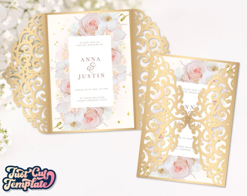 May include: Gold laser cut wedding invitation with a floral design featuring white and pink roses. The invitation reads "Please join us for the wedding of Anna & Justin".