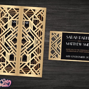 Art Deco Wedding Gate Fold Invitation SVG, Set 20s Great Gatsby party invitation, RSVP card, templates Cricut Cameo Laser cut.