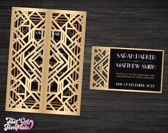 Invitación plegable de puerta de boda Art Deco SVG, invitación de fiesta del Gran Gatsby de los años 20, tarjeta RSVP, plantillas Cricut Cameo corte láser, Dxf Cdr Png.