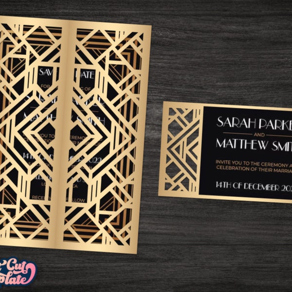 Art Deco Wedding Gate Fold Invitation SVG, Set 20s Great Gatsby party invitation, RSVP card, templates Cricut Cameo Laser cut.