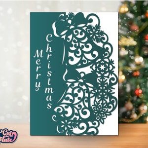 Merry Christmas fold card SVG 5x7, Christmas Bells fold card, Christmas Gifts Invitation svg, template Laser cut Cricut Silhouette Cameo.