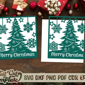 Cartolina d'auguri dell'albero di Natale SVG, cartolina di buon Natale Cricut svg, cartolina di Natale tagliata al laser, modello di papercut di buon Natale svg.