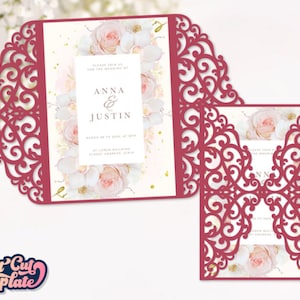 May include: A burgundy laser cut wedding invitation with a floral design. The invitation reads "Please join us for the wedding of Anna & Justin".