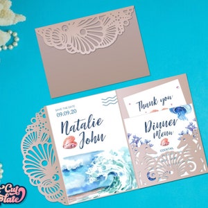 Seashell Trifold Pocket Invitation SVG Template, Wedding Invitation SVG ...