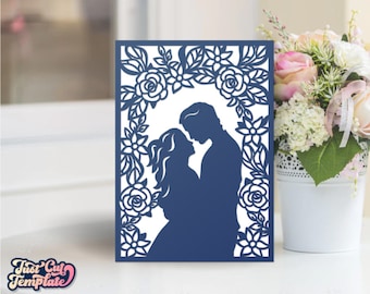 Wedding or Anniversary card SVG with the Bride and Groom and flowers, 5x7 fold card Wedding invitation, Cricut Cameo Laser cut Dxf Cdr Pdf.