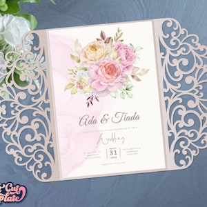 Invito a nozze in pizzo SVG, Gate fold card 5x7, porta invito ritagliato, modello di taglio della copertina dell'invito di nozze Cricut Cameo Taglio laser.