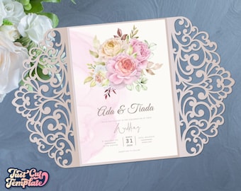 Lace Wedding invitation SVG, Gate fold card 5x7, cut-out invite holder, wedding Invitation cover cutting template Cricut Cameo Laser cut.