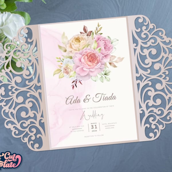 Lace Wedding invitation SVG, Gate fold card 5x7, cut-out invite holder, wedding Invitation cover cutting template Cricut Cameo Laser cut.