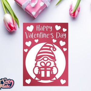 Happy Valentine's Day card SVG, modèle de découpe de carte Gnome de la Saint-Valentin Cricut Cameo Laser cut, Kid's Valentine's card svg Cricut, numérique.