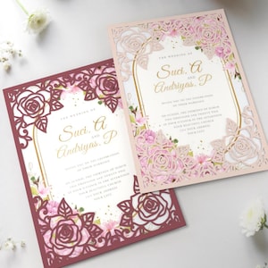 Szablon kieszonkowego zaproszenia ślubnego SVG, okładka zaproszenia Cricut Rose 5x7, kieszonkowa karta z narożnymi różami do samodzielnego wykonania, wycinana laserowo w formacie Cameo w formacie DXF, CDR.