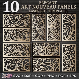 Puede incluir: Diez elegantes plantillas de corte láser de paneles Art Nouveau en color dorado. Los paneles presentan intrincados diseños de remolinos y flores. La imagen incluye el texto "Elegant Art Nouveau Panels Laser Cut Templates" y opciones de tipo de archivo.