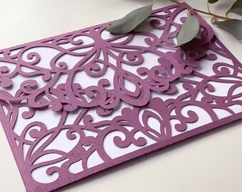 招待状用封筒 SVG、結婚式用切り抜き封筒 5x7、クリカット結婚式招待状 SVG、レーザーカット結婚式招待状、レース結婚式招待状。