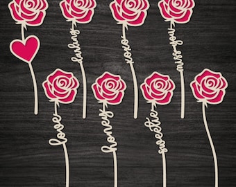 Layered Rose SVG laser cut, 8 roses with heart and words, Wooden Rose Name Svg, Rose templates Laser cut Vector DXF cnc Glowforge Cricut.
