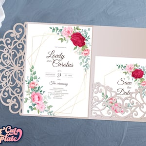 Invito a nozze taglio laser SVG, modello di taglio busta tascabile 5x7 Tri Fold, busta Trifold matrimonio SVG Cricut, invito a nozze in pizzo.