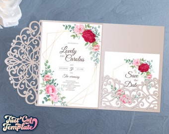 Laser cut Wedding invitation SVG, 5x7 Tri Fold pocket envelope cut template, Wedding Tri fold Envelope SVG Cricut, Lace wedding invitation.
