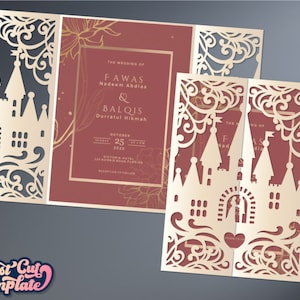 Fairy Tale Castle Gate Einladung SVG Vorlage 5x7, Hochzeitseinladung svg Cricut, Geburtstag Prinzessin Quinceanera Sweet 16 Karte.