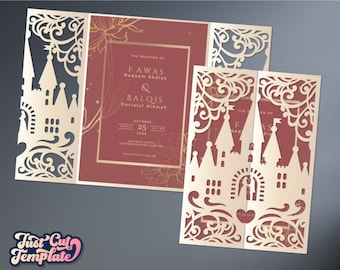 Fairy Tale Castle Gate invitation SVG template 5x7, Wedding invitation svg Cricut, Birthday Princess Quinceanera Sweet 16 card.
