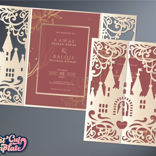 Fairy Tale Castle Gate invitation SVG template 5x7, Wedding invitation svg Cricut, Birthday Princess Quinceanera Sweet 16 card.